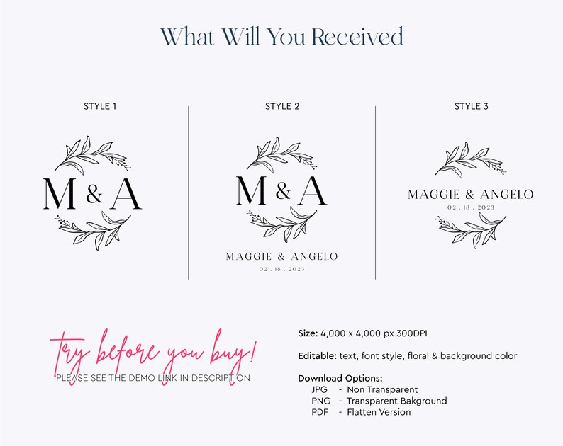 Wedding Monogram Logo | Elegant Floral Initial Design | Custom Bride ...