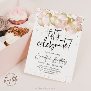 Bearbeitbar Lassen Sie uns Party Einladung Vorlage Feiern Printable Überraschung Geburtstagsfeier Lädt Jubiläum Lädt Gold Rosa für Her J36