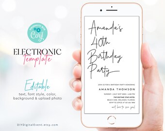 Modèle d'invitation d'anniversaire modifiable, faire-part d'anniversaire électronique, invitation numérique 40e anniversaire, modèle d'invitation anniversaire minimaliste