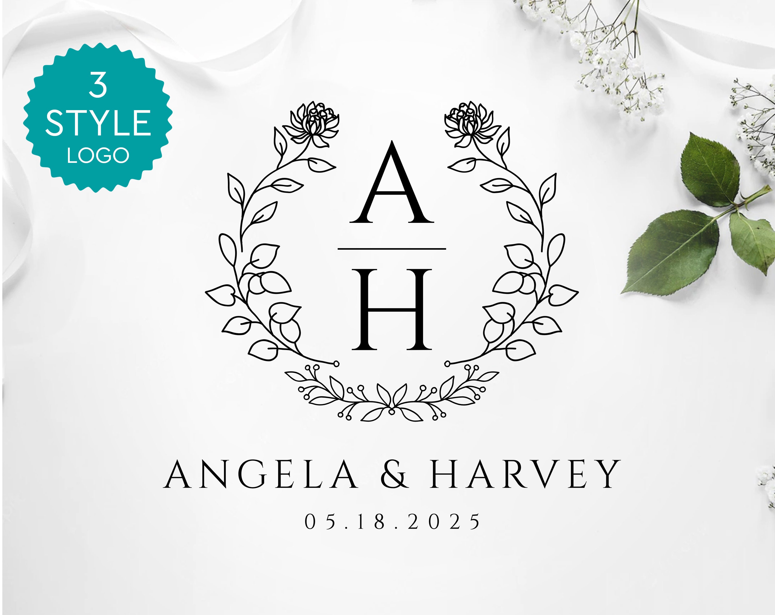 Wedding Monogram Logo | Elegant Floral Initial Design | Custom Bride ...