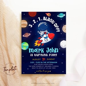 Editable Outer Space Birthday Invitation Template Printable First Trip Around the Sun Birthday Blast Off Birthday Invite Planet Rocket J8