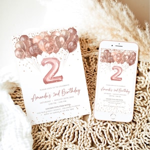Bewerkbare sjabloon 2e verjaardagsuitnodiging Rose goud glittery ballonnen verjaardagsuitnodiging meisje tweede verjaardagsfeestje digitale uitnodigingskaart J63