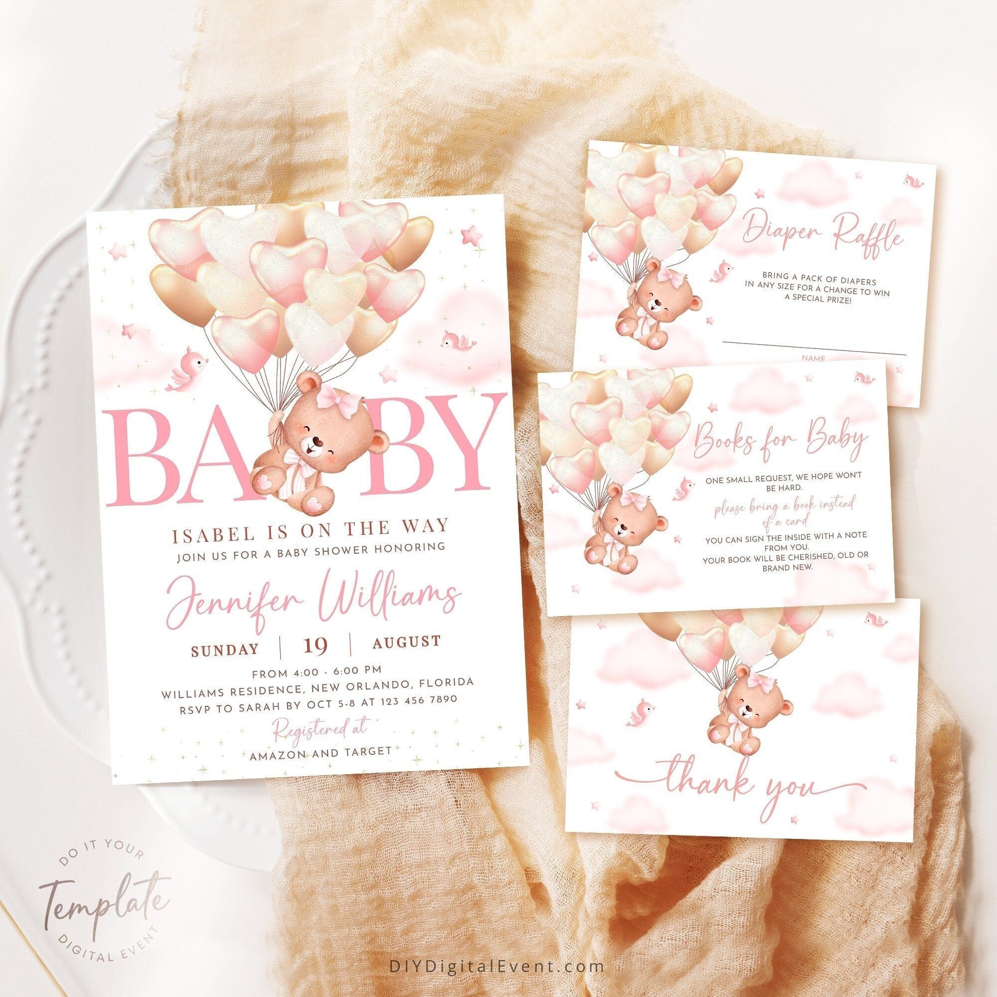 Teddy Bear Baby Shower Bundle | Pink Heart Balloon We Can Bearly Wait ...