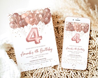 Editable 4th Birthday Invitation Template Rose Gold Glittery Balloons Birthday Invite Girl Forth Birthday Party Digital Invite Card J63