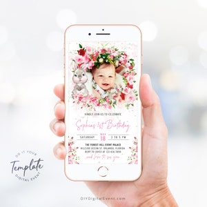 Editable Bunny Birthday Invitation Template Electronic Rabbit 1st Birthday Invite First Pink Floral Birthday Girl with Photo Rose Party J42