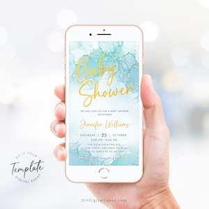 May include: A blue and gold digital baby shower invitation with a watercolor background. The invitation says "Baby Shower" in gold script and includes the text "Please join us for a baby shower honoring Jennifer Williams. Saturday, 25 October, 5:00 PM - 8:00 PM. The Aqua Event Palace, 22 New Street, Orlando, Florida. RSVP to Sarah at 123 456 7890. Register at Amazon & Target!"