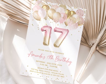 Editable 17th Birthday Invitation Template Gold Pink Glittery Balloons 17th Birthday Invite Printable Number 17 Girl Birthday Party J36