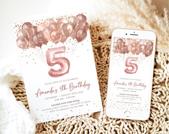 Editable 5th Birthday Invitation Template Rose Gold Glittery Balloons Birthday Invite Girl Fifth Birthday Party Digital Invite Card J63