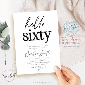 Modèle d'invitation minimaliste pour 60e anniversaire, invitation d'anniversaire imprimable Invitation simple pour 60e anniversaire, carte d'invitation d'anniversaire modifiable soixante