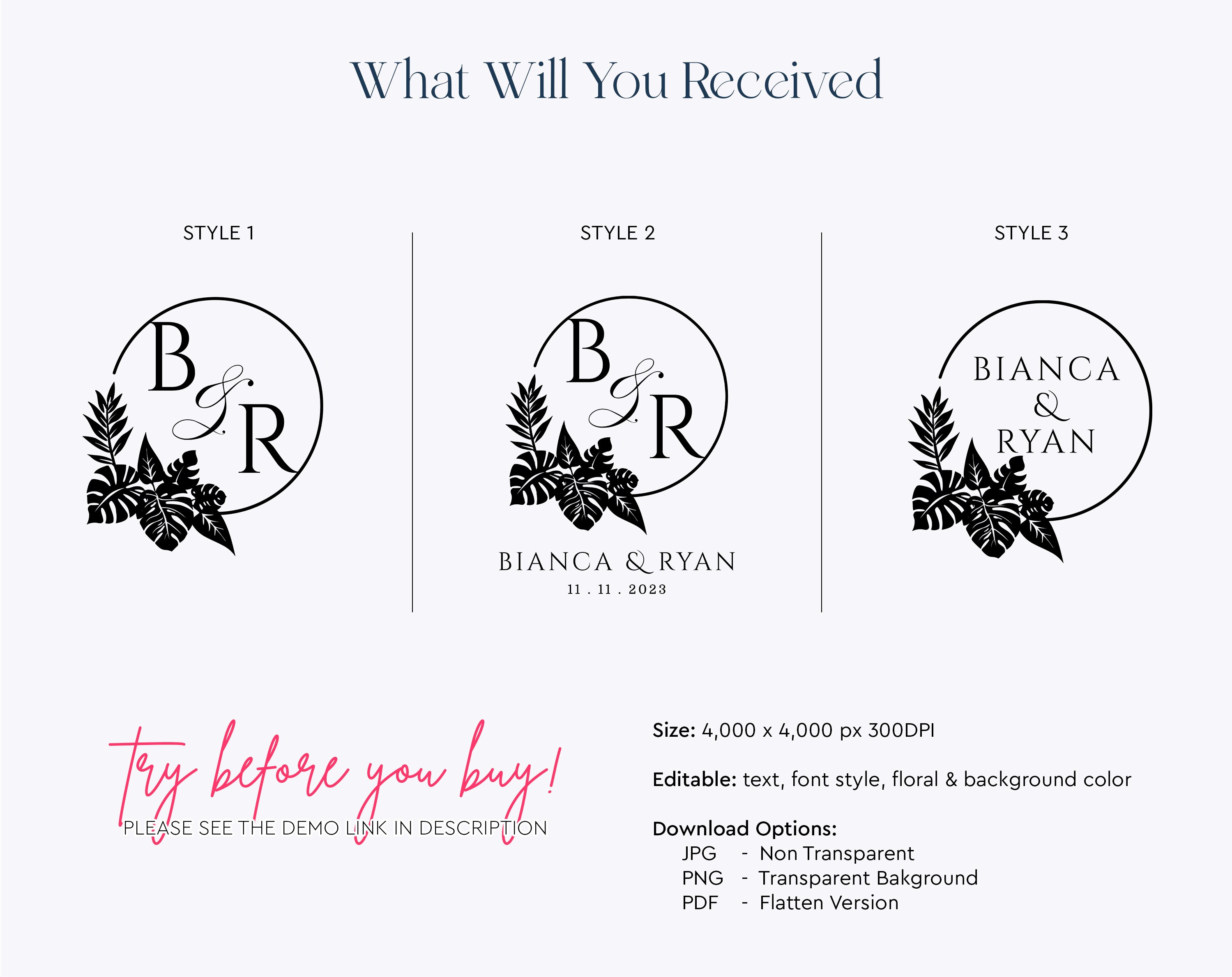 Monstera Monogram Monstera Wedding Logo Template Editable Monstera Wedding Monogram Logo ...