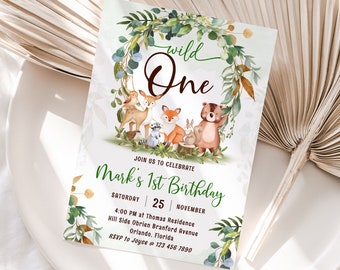 Editable Woodland Birthday Invitation Template Printable Wild One Birthday Invites First Birthday Invites 1st Woodland Birthday Party J40
