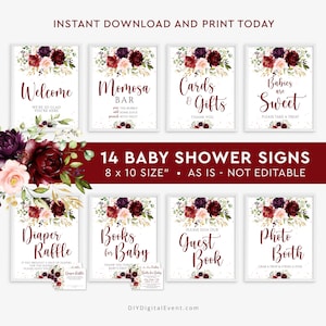 May include: A set of 14 printable baby shower signs featuring burgundy, blush pink, and gold floral designs. The signs are 8 x 10 inches and include text such as "Welcome", "Momosa Bar", "Cards & Gifts", "Babies are Sweet", "Diaper Raffle", "Books for Baby", "Guest Book", and "Photo Booth".