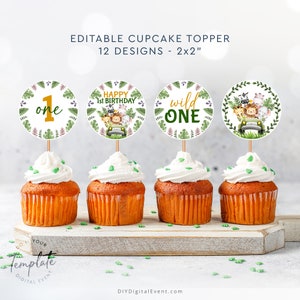 Bewerkbare Wild One Cupcake Topper Verjaardagsfeestje Decoratie Safari Dieren Cupcake Label Verjaardagsfeestje Decor Gunst Tags Afdrukbare Sticker J6