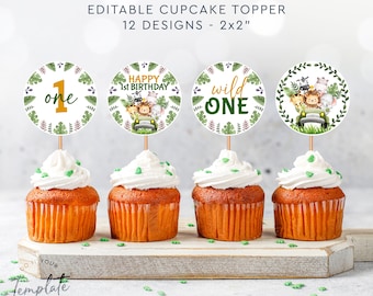 Bewerkbare Wild One Cupcake Topper Verjaardagsfeestje Decoratie Safari Dieren Cupcake Label Verjaardagsfeestje Decor Gunst Tags Afdrukbare Sticker J6