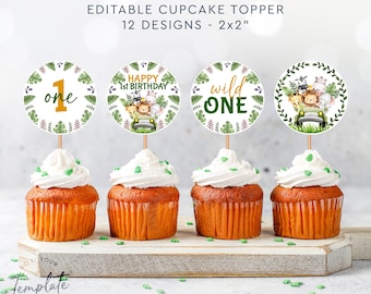 Editable Wild One Cupcake Topper Birthday Party Decoration Safari Animals Cupcake Label Birthday Party Decor Favor Tags Printable Sticker J6