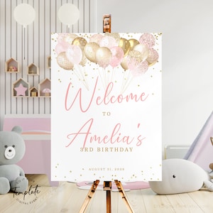 Gold und Rosa Geburtstag Willkommen Zeichen Vorlage Bearbeitbare Luftballons Geburtstag Staffelei Zeichen druckbar Blush rosa Zeichen Geburtstag Party Dekor Poster J36