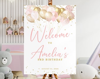 Modèle de signe de bienvenue d'anniversaire or et rose Ballons modifiables Signe de chevalet d'anniversaire Imprimable Blush Pink Sign Birthday Party Decor Poster J36