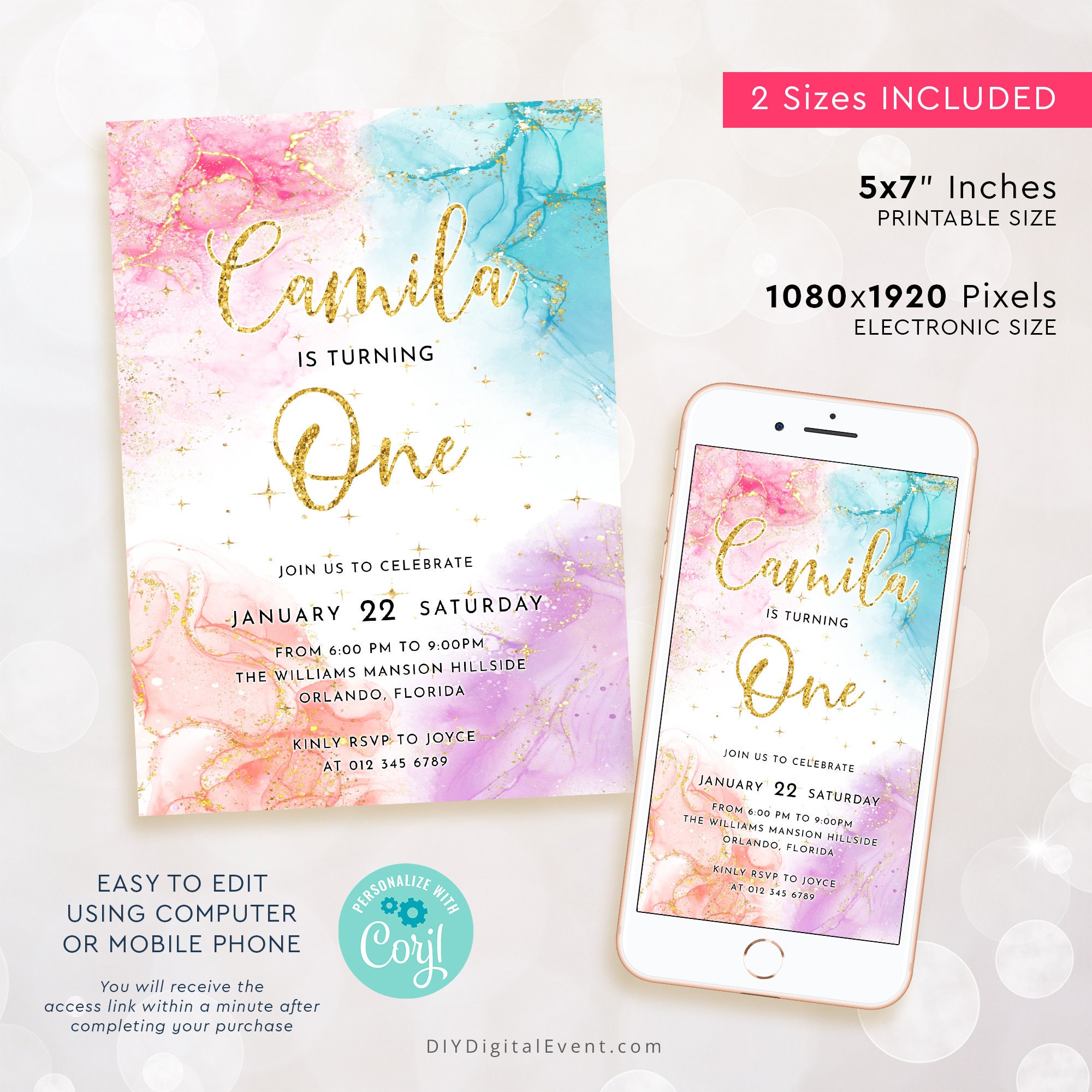 Editable Colorful Birthday Invitation Template First Birthday Invite ...
