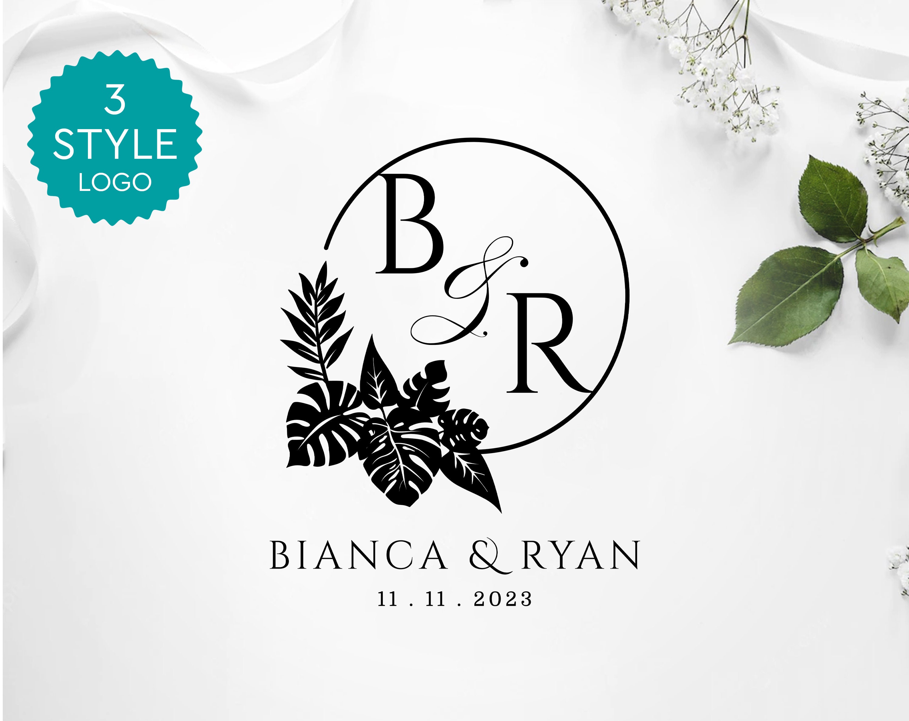 Monstera Monogram Monstera Wedding Logo Template Editable Monstera Wedding Monogram Logo ...