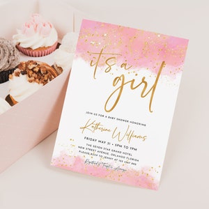 Bewerkbare It's a Girl sjabloon babyshower uitnodiging afdrukbare minimalistische roze gouden babyshower uitnodiging gepersonaliseerde Oh Baby Shower Card J49