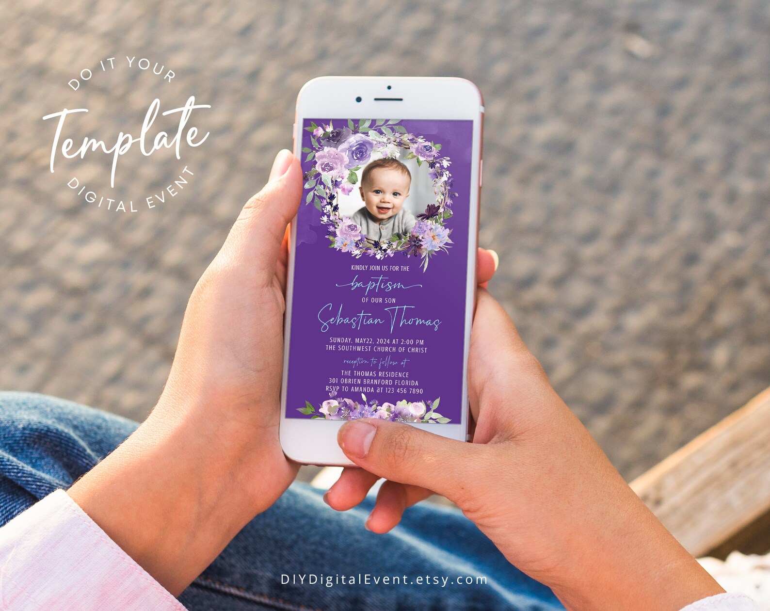 Electronic Baptism Invitation Template Purple Christening Etsy