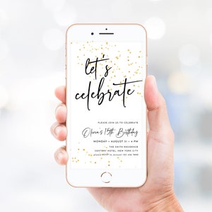 Minimalist Let's Celebrate Invitation Template Electronic Adult Surprise Birthday Invite Editable Reunion Party Gold Boy Girl Any Age J47