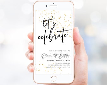 Minimalist Let&#39;s Celebrate Invitation Template Electronic Adult Surprise Birthday Invite Editable Reunion Party Gold Boy Girl Any Age J47