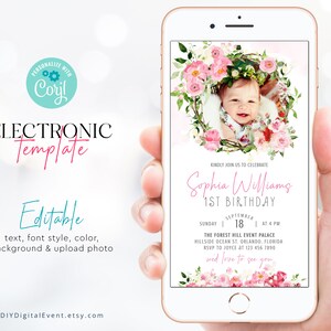 First Birthday Electronic Invitation Template, Pink Floral Birthday Invite, Blush Pink Birthday Invitation, Editable 1st Birthday with Photo