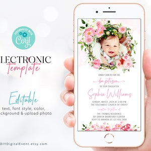 Electronic Baptism Invitation Template, Pink Christening Invitation Template, Editable Baptism Evite, Rose Baptism Photo Invite Pink Floral