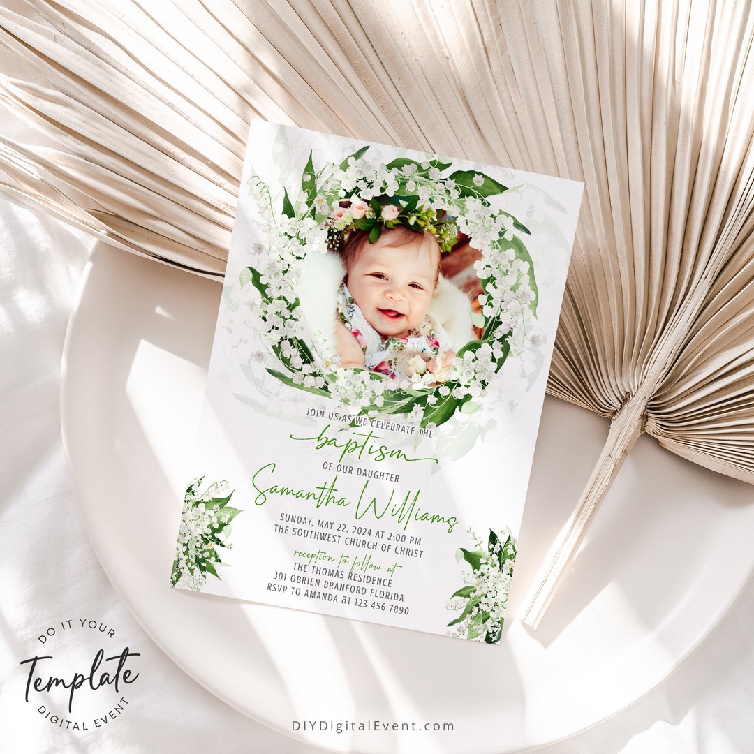 Editable Lily of the Valley Baptism Invitation Template Printable