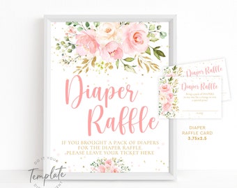 Baby Shower Diaper Raffles Sign and Raffle Tickets Blush Pink Floral Sign Printable Baby Shower Game Sign Baby Girl Diaper Raffle Set J30