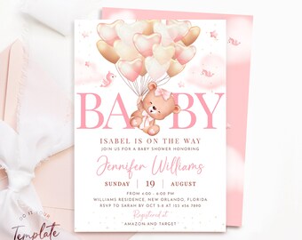 Teddy Bear Baby Shower Invitation | Pink Balloon We Can Bearly Wait Evite | Editable Girl Template | Printable Digital Download J10