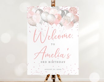 Pink and Silver Birthday Welcome Sign Template Editable Balloons Birthday Easel Sign Printable Blush Pink Sign Birthday Party Decor J64