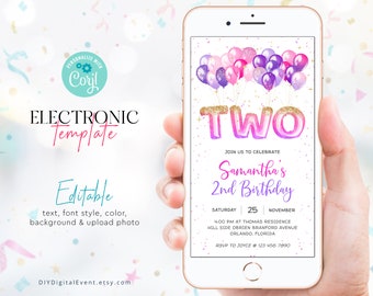 Electronic Second Birthday Invitation Template, Pink Balloons 2nd Birthday Invite, Editable Balloon Birthday Invite, 2nd Birthday Glittery