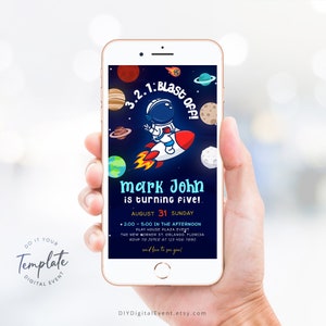 Electronic Outer Space Birthday Invitation Template Outer Space First Trip Around the Sun Birthday Blast Off Birthday Evite Planet Rocket J8
