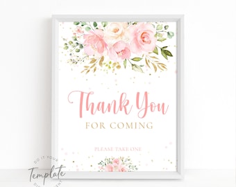 Thank You Sign Printable Thank You for Coming Sign Baby Shower Birthday Wedding Favor Table Sign Blush Pink Floral Sign INSTANT DOWNLOAD J30