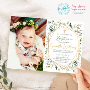 Greenery Baptism Invitation Template, Printable Baptism Invitation Template, Baptism with Photo Invitation, Editable Baptism Invite Card