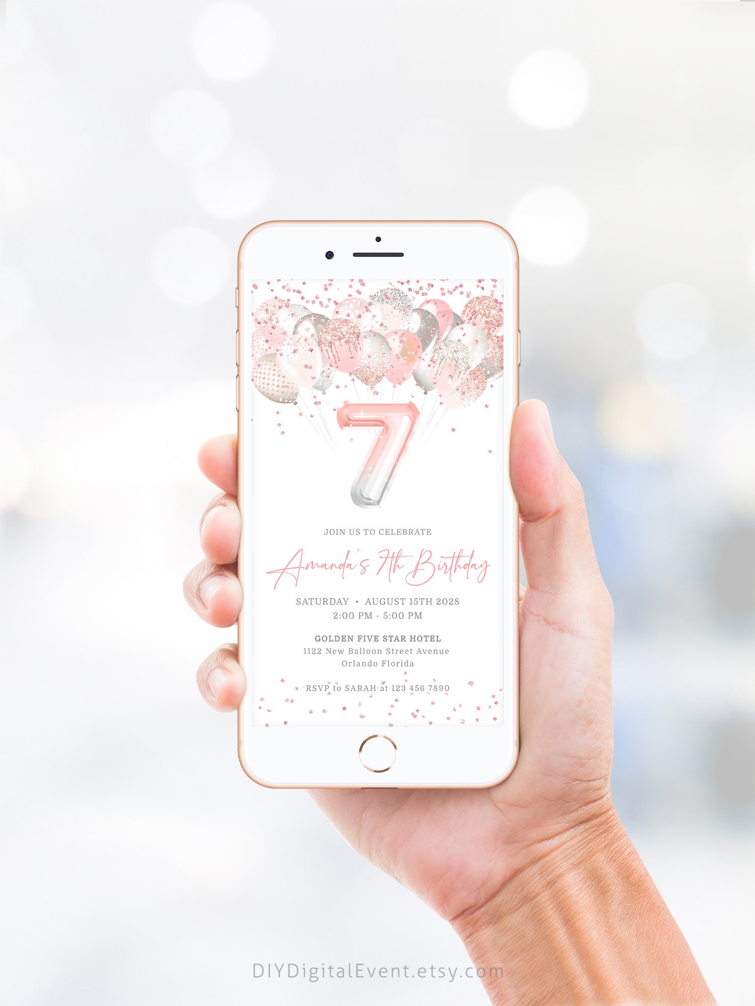 7th Birthday Invitation | Pink & Silver Glitter Confetti Evite