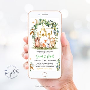Woodland Baby Shower Invitation Template Electronic Baby Shower Invite Woodland Greenery Baby Shower Digital Invite Baby Girl Boy Party J40