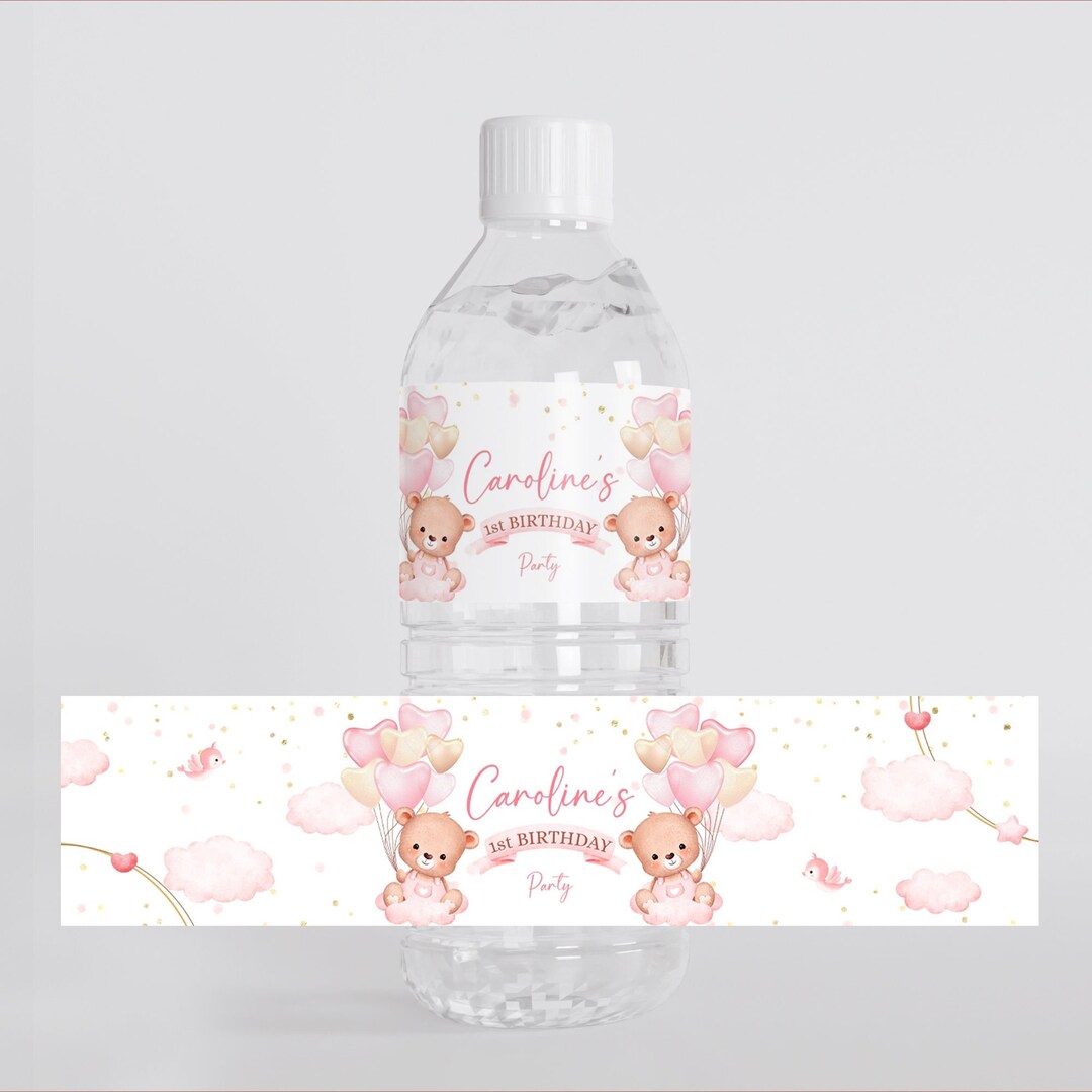 Editable Pink Bear Bottle Label Template Printable Bear Balloons Water ...