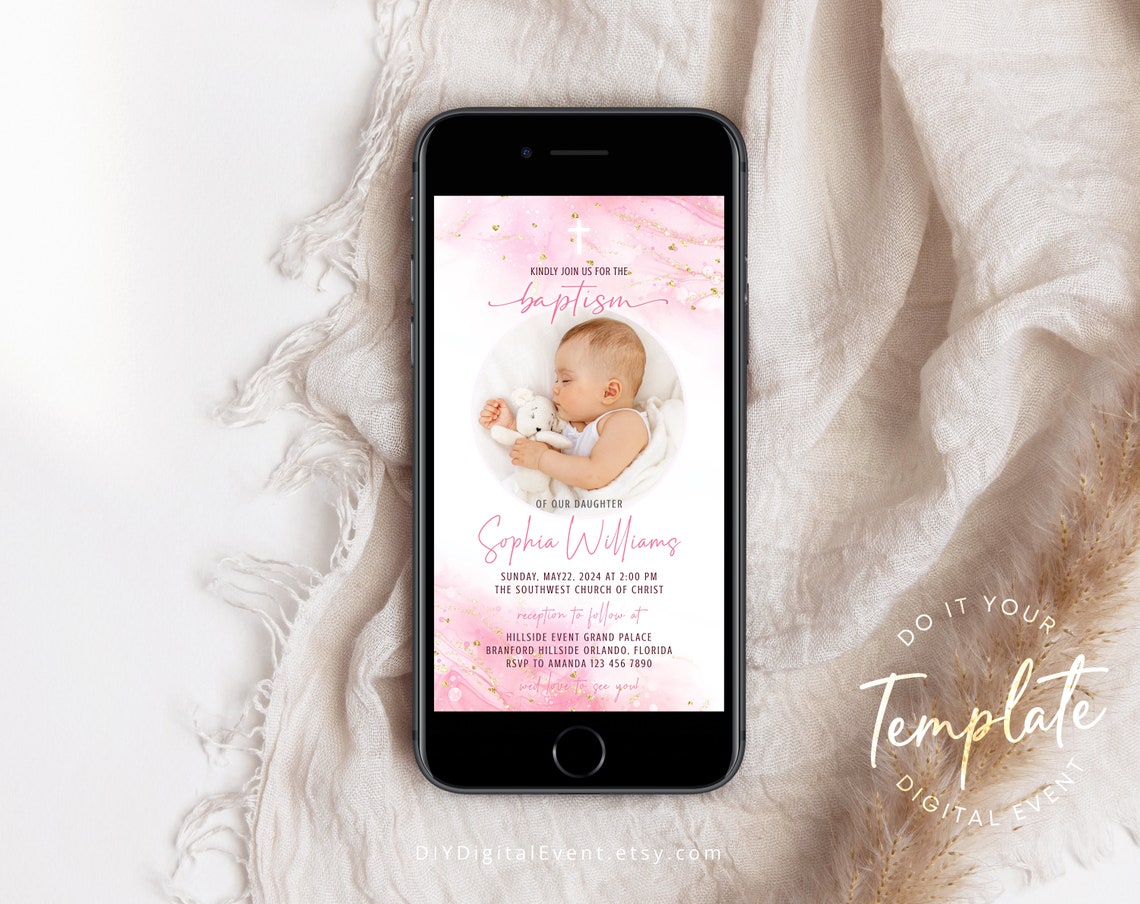 Electronic Baptism Invitation Template Pink Christening Etsy