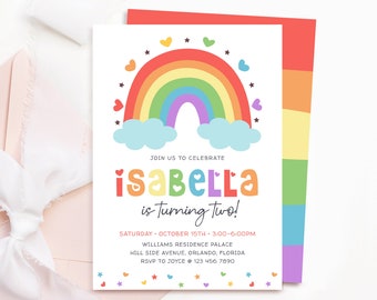 Bewerkbare regenboog verjaardagsuitnodiging sjabloon afdrukbare regenboog verjaardagsuitnodiging hart Rainbow Star verjaardagsfeestje kleurrijke verjaardag Boho J24