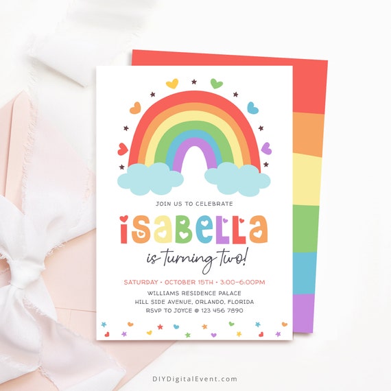 Editable Rainbow Birthday Invitation Template Printable Rainbow Birthday Invite Heart Rainbow Star Birthday Party Colorful Birthday Boho J24