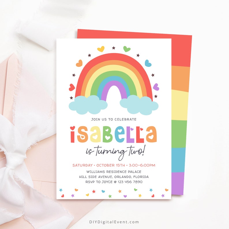 Editable Rainbow Birthday Invitation Template. Printable Rainbow Birthday Invite. Heart Rainbow Star Birthday Party. Colorful Birthday. Instant Download. Edit and Download using Corjl