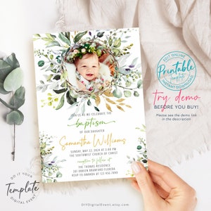 Modèle imprimable d'invitation de baptême, modèle d'invitation de baptême de verdure, faire-part de baptême modifiable, carte d'invitation photo de baptême