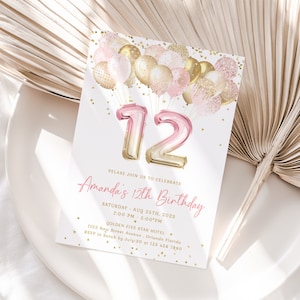 Modelo de convite de aniversário de 12 anos editável, balões brilhantes rosa dourados, convite de 12 anos para impressão, número 12, festa de aniversário de menina j36