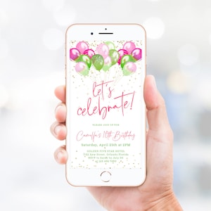 Editable Pink Green Birthday Invitation Template Electronic Let&#39;s Celebrate Invite Balloons Birthday Party Any Age Gold Glittery Evite J50