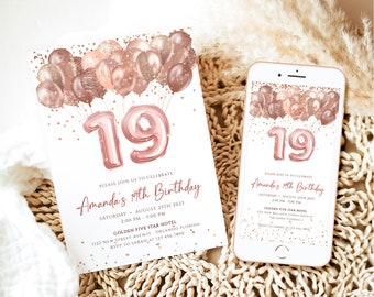 Rose Gold 19th Birthday Invitation Template Editable Nineteen Birthday Party Glittery Balloons Birthday Invite Girl Digital Invite Card J63