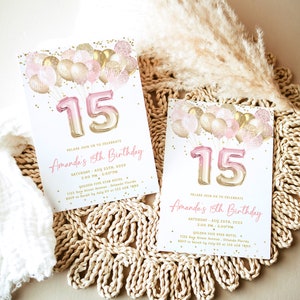 15th Birthday Invitation | Pink & Gold Glitter Balloon Evite | Editable Golden Birthday Party | Girl Party | Printable Digital Download J36 image 6