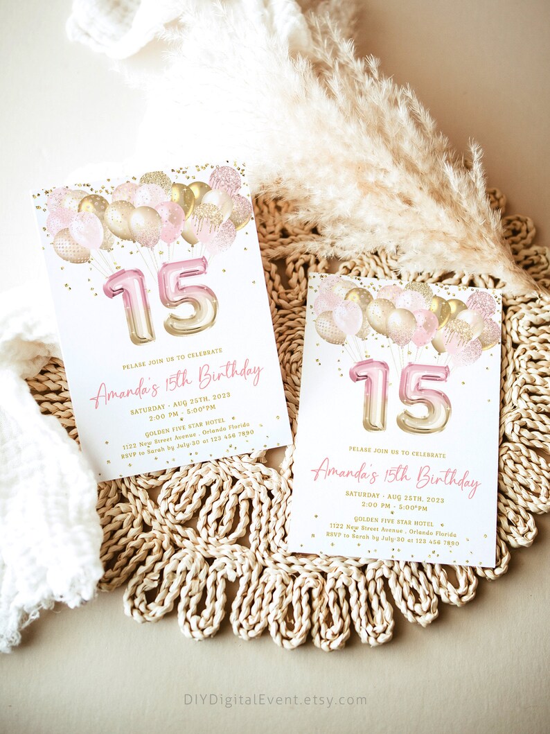 15th Birthday Invitation | Pink & Gold Glitter Balloon Evite | Editable Golden Birthday Party | Girl Party | Printable Digital Download J36 image 6